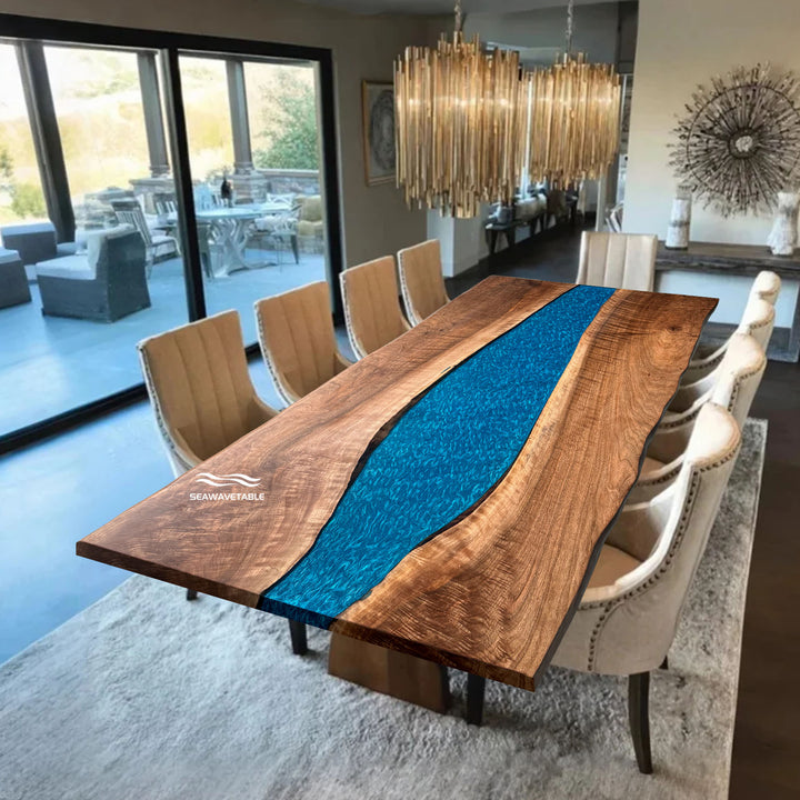 Seawavetable-Handmade epoxy dining table with walnut slab and resin river illuminated by LED light
