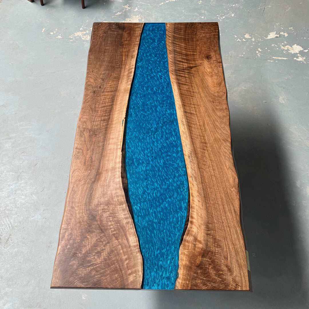 Seawavetable-Epoxy table with black walnut wood and vibrant blue resin center