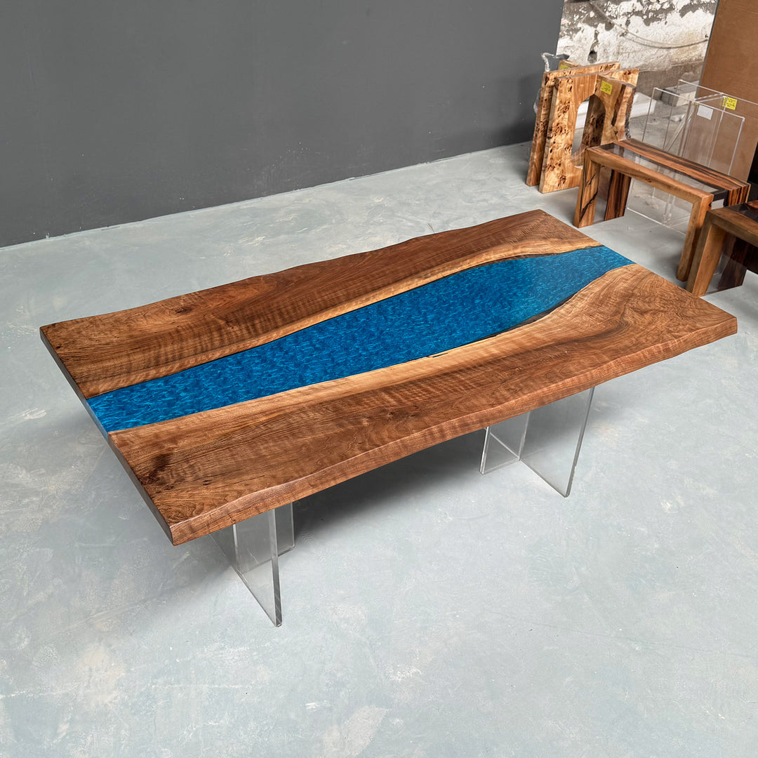 Seawavetable-Luxury epoxy river table with custom resin color and LED light feature