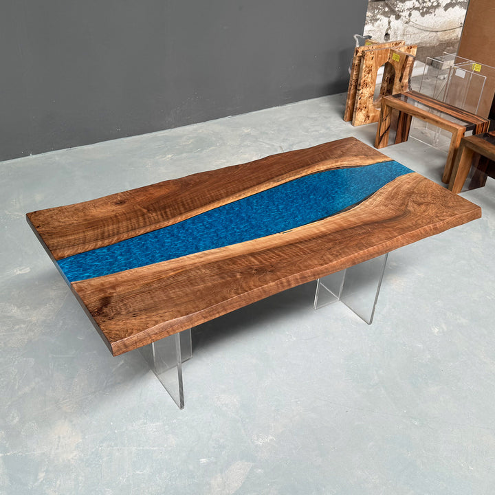 Seawavetable-Luxury epoxy river table with custom resin color and LED light feature