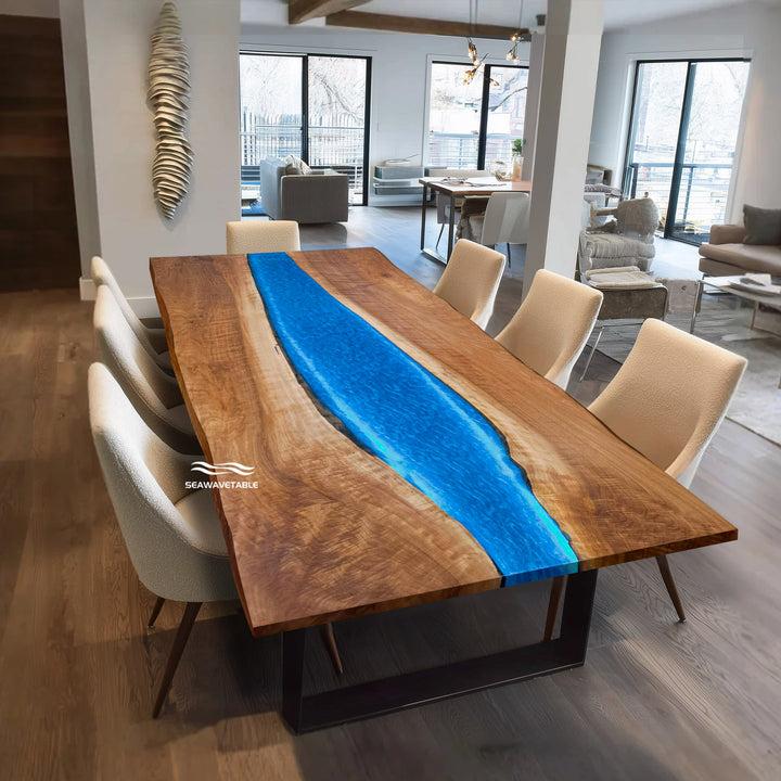 Seawavetable-Modern epoxy resin table featuring LED-lit river design