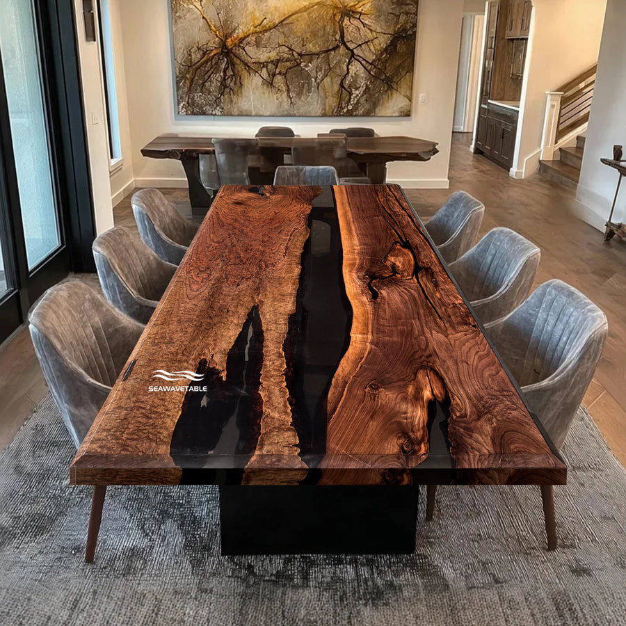 Seawavetable-Custom black walnut wood table with black resin river