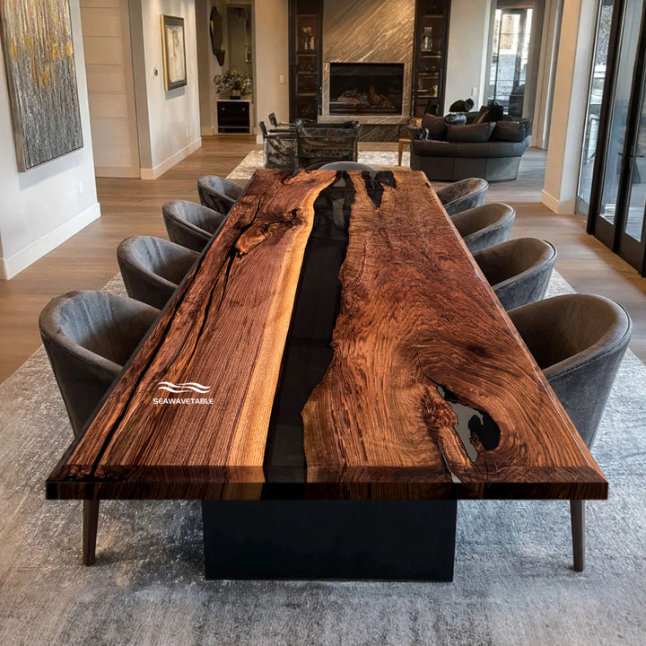 Seawavetable-Epoxy resin wood dining table in black walnut and dark resin