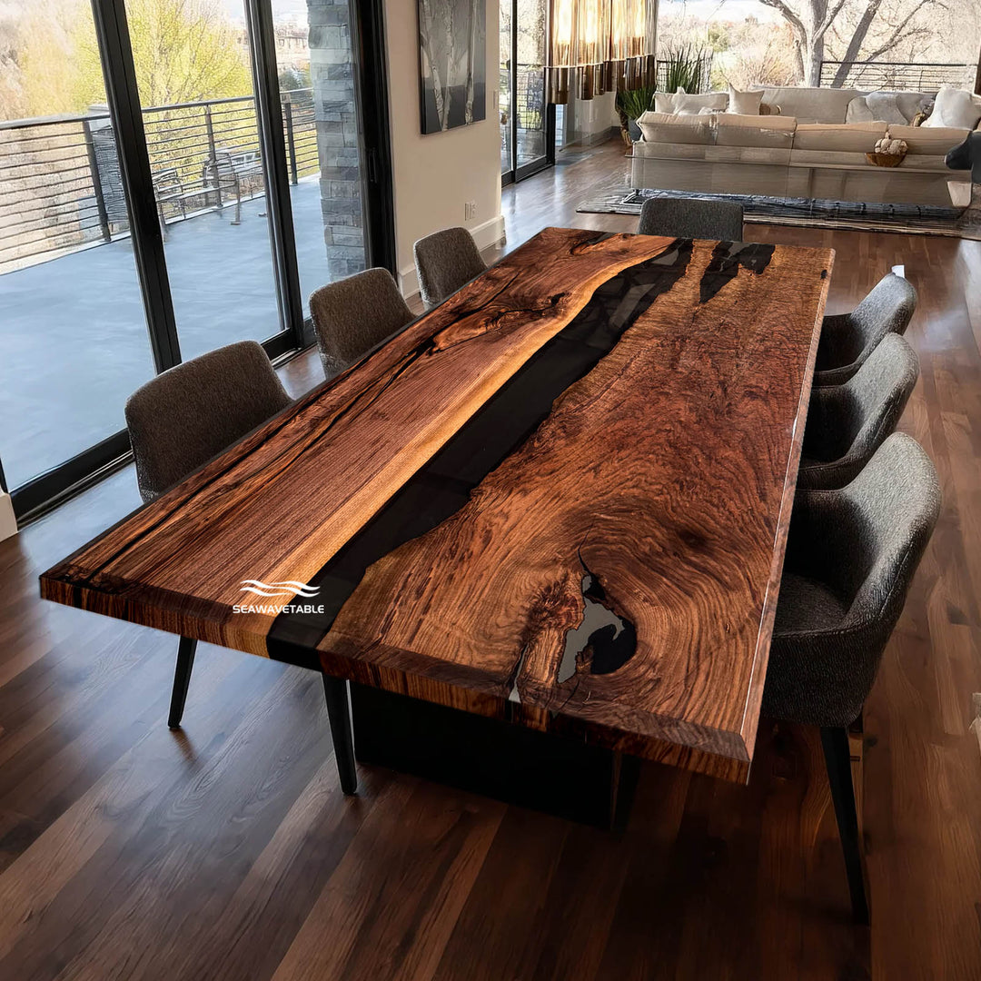 Seawavetable-Modern epoxy river table with beveled cut walnut top