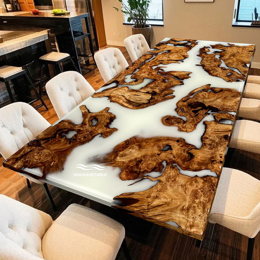 Seawavetable-Elegant custom table featuring white epoxy and natural wood grain