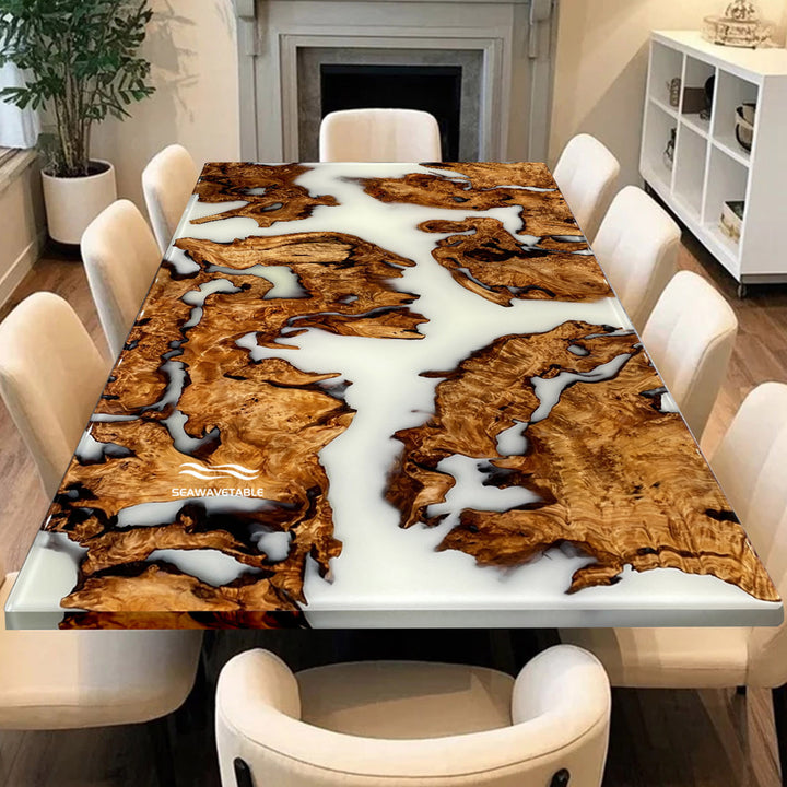 Seawavetable-Custom epoxy dining table made with Cunninghamia wood and white resin
