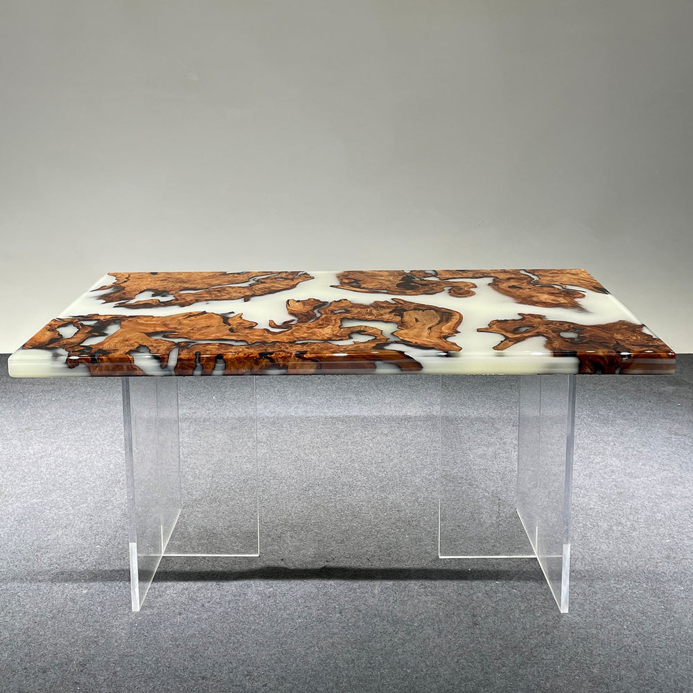 Seawavetable-Modern epoxy dining table with Cunninghamia wood and soft white resin