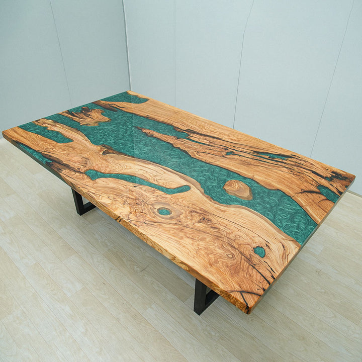 Seawavetable-artisan olive wood resin dining table highlighting natural imperfections