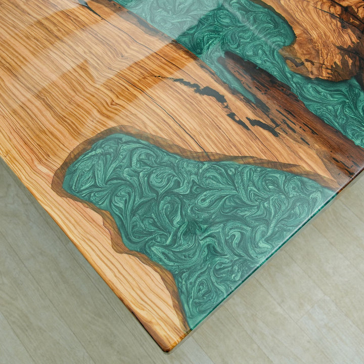 Seawavetable-handmade olive wood resin table celebrating natural wormholes