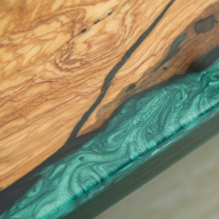 Seawavetable-organic olive wood epoxy table with preserved wormholes and texture