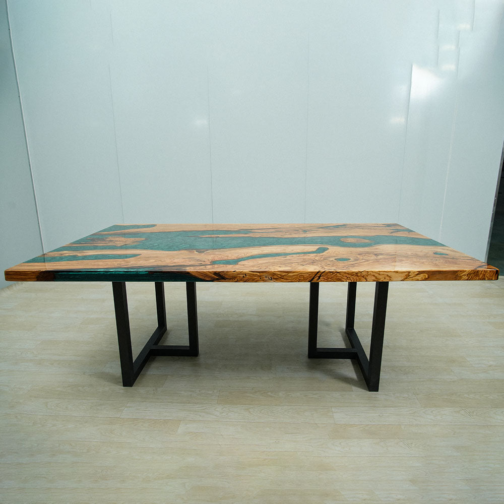Seawavetable-natural olive wood resin table preserving wormholes and wood character
