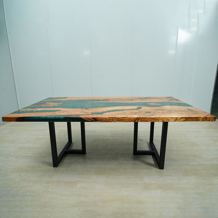 Seawavetable-natural olive wood resin table preserving wormholes and wood character