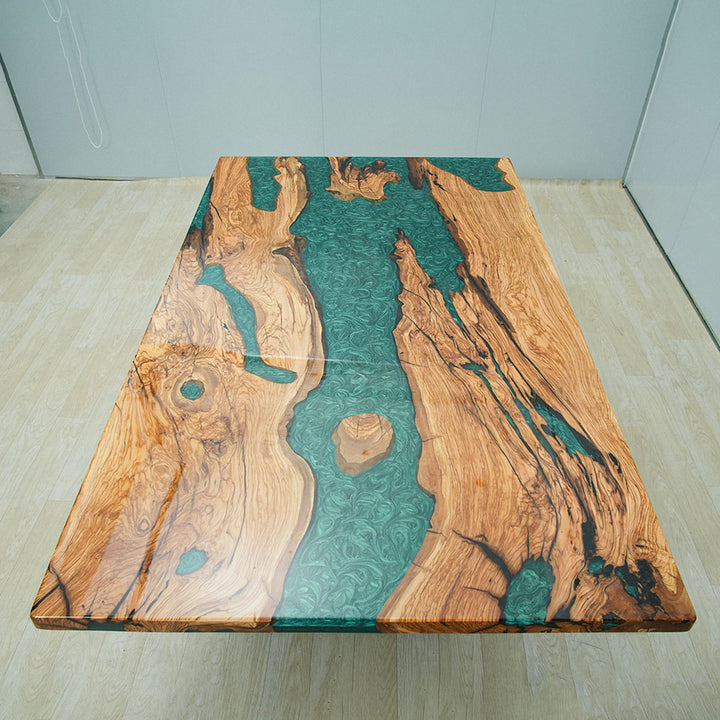 Seawavetable-handcrafted olive wood epoxy resin table with preserved natural wormholes