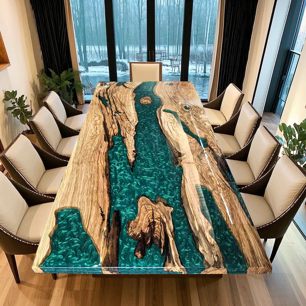Seawavetable-olive wood resin table with natural wormholes and clear epoxy