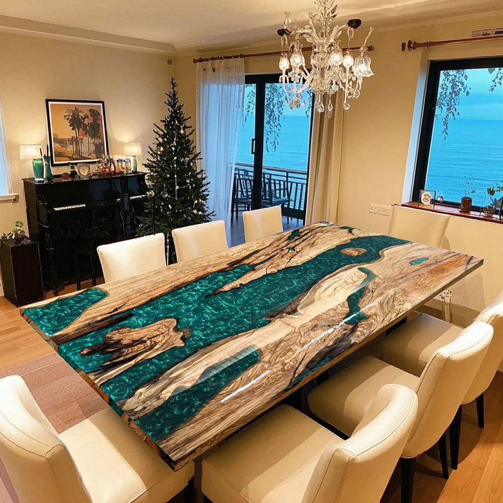 Seawavetable-solid olive wood resin table showcasing authentic wormhole textures