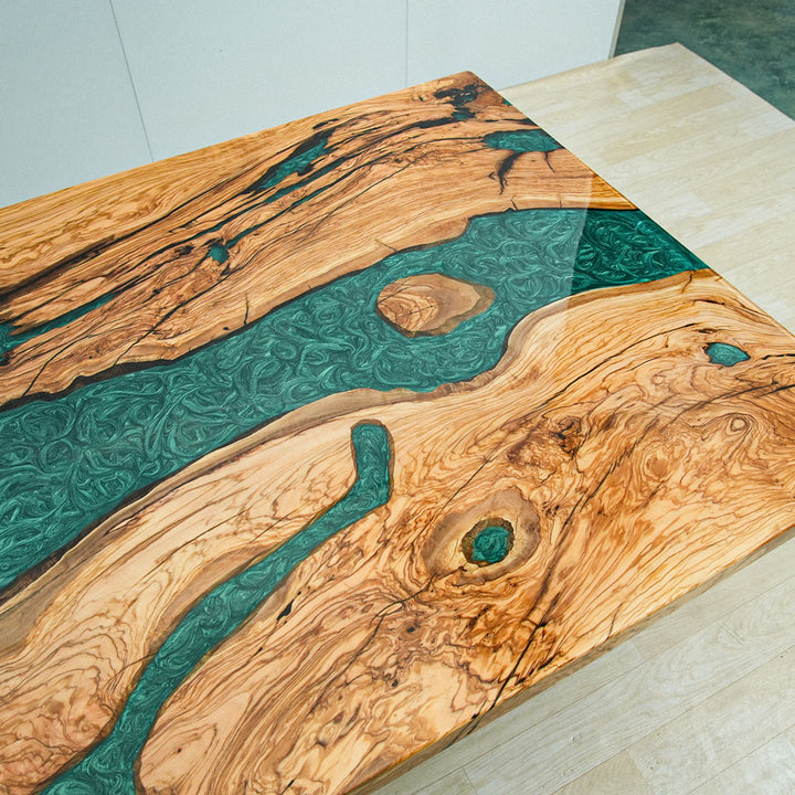 Seawavetable-custom olive wood resin table with visible natural wormhole details