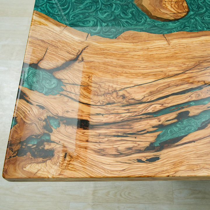 Seawavetable-rustic olive wood epoxy table featuring organic wormholes and resin fill