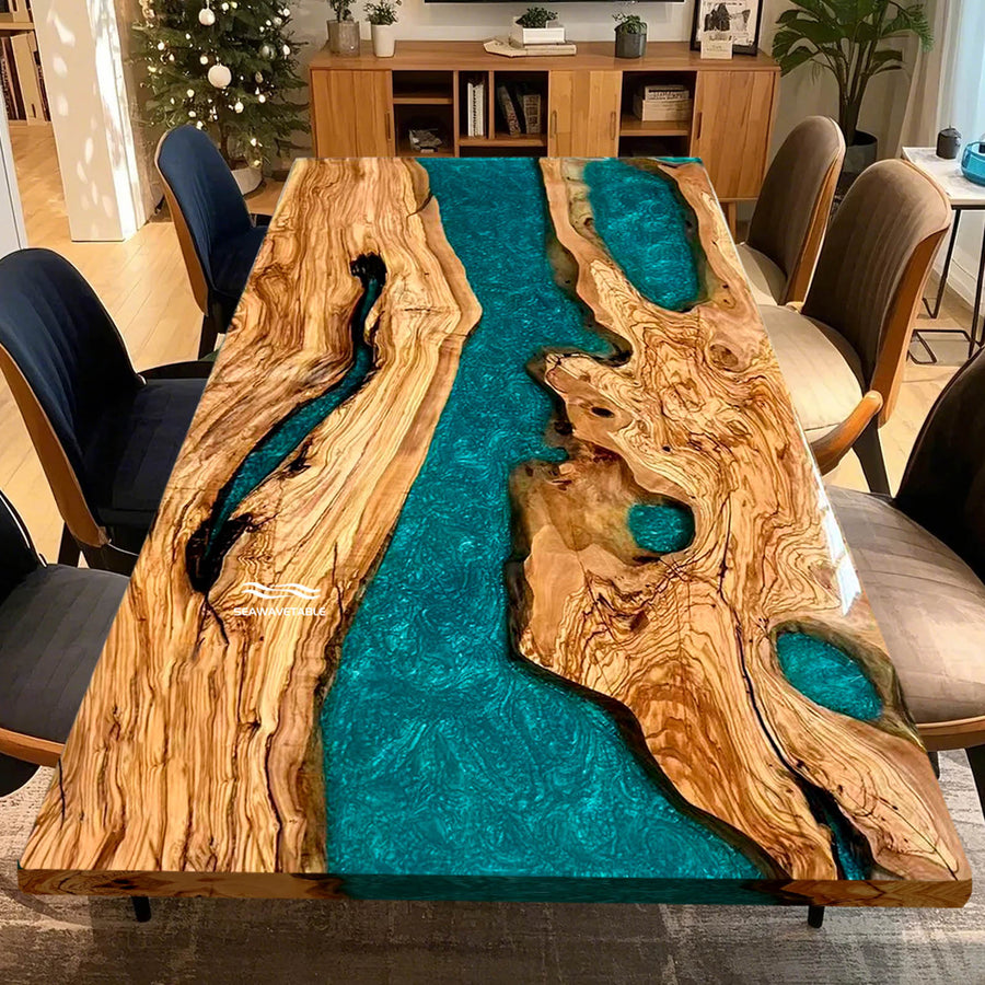 SeawaveTable handcrafted live edge olive wood table with blue resin