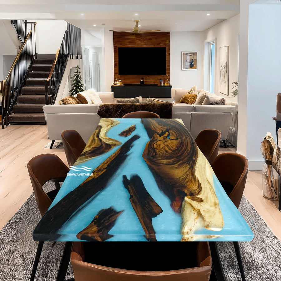 SeawaveTable-Live edge walnut epoxy river dining table with Caribbean blue resin.