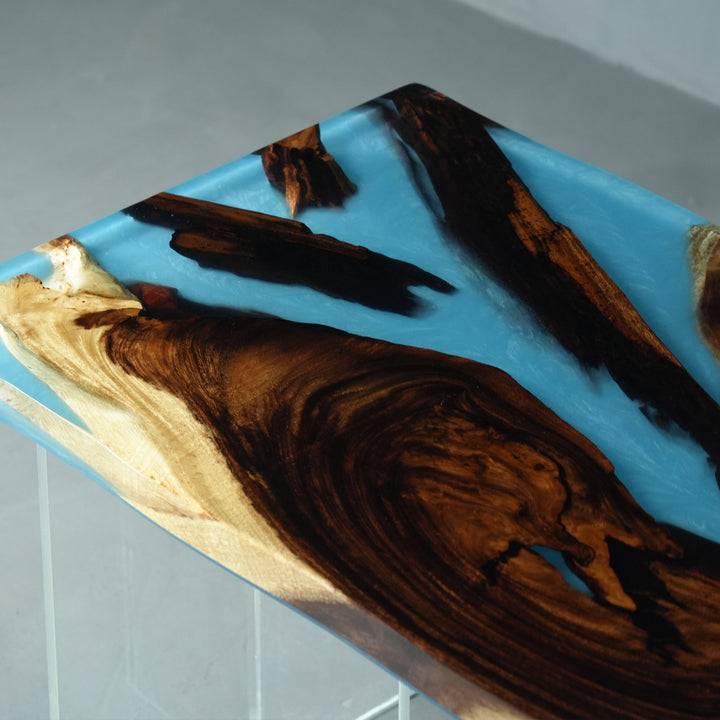 SeawaveTable-Blue resin river dining table with natural live edge walnut wood.