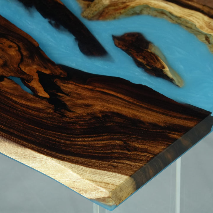 SeawaveTable-Epoxy custom dining table with walnut slabs and striking resin river.