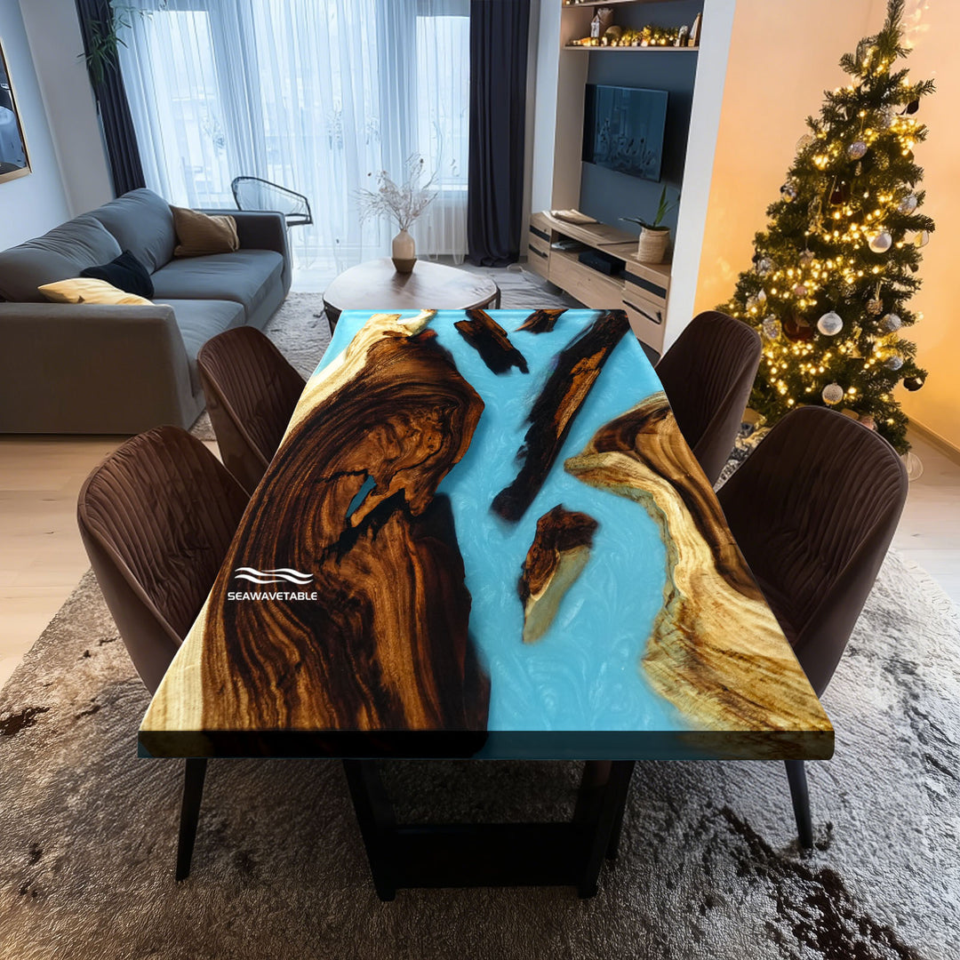 SeawaveTable-Epoxy resin walnut live edge table for dining or office use.