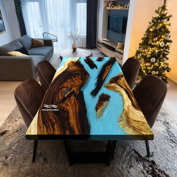 SeawaveTable-Epoxy resin walnut live edge table for dining or office use.