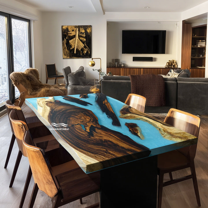 SeawaveTable-Modern epoxy river dining table with Caribbean blue resin flow.