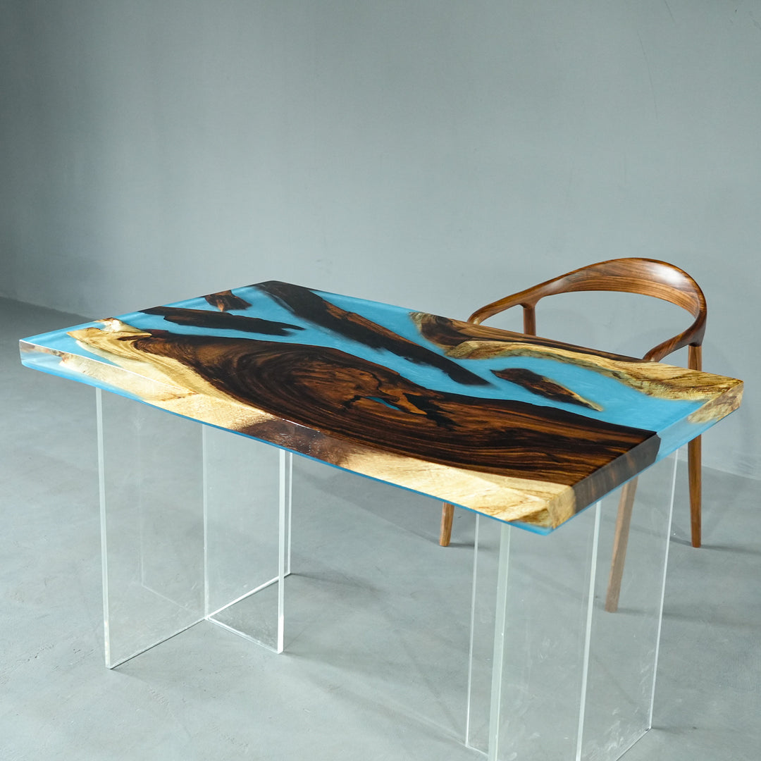 SeawaveTable-Custom walnut and resin river table with vibrant ocean blue color.