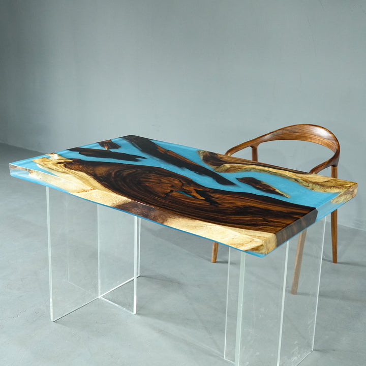 SeawaveTable-Custom walnut and resin river table with vibrant ocean blue color.