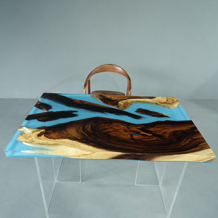 SeawaveTable-Contemporary live edge epoxy dining table in walnut and resin.