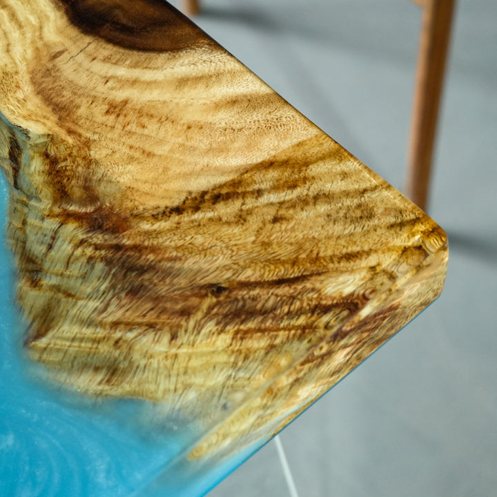 SeawaveTable-Customizable walnut epoxy table with Caribbean blue resin river.