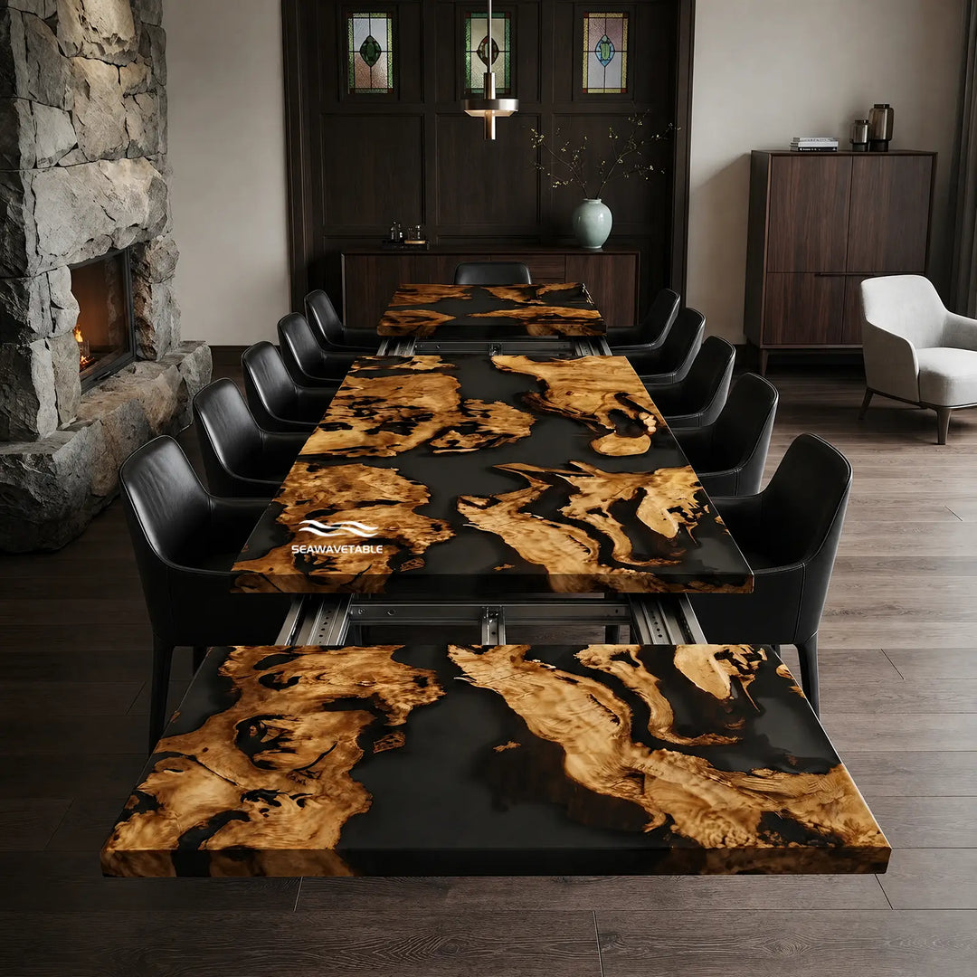 Seawavetable-Handcrafted solid olive wood extendable dining table blue ocean wave epoxy clean straight edge high gloss