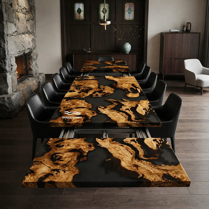 Seawavetable-Handcrafted solid olive wood extendable dining table blue ocean wave epoxy clean straight edge high gloss