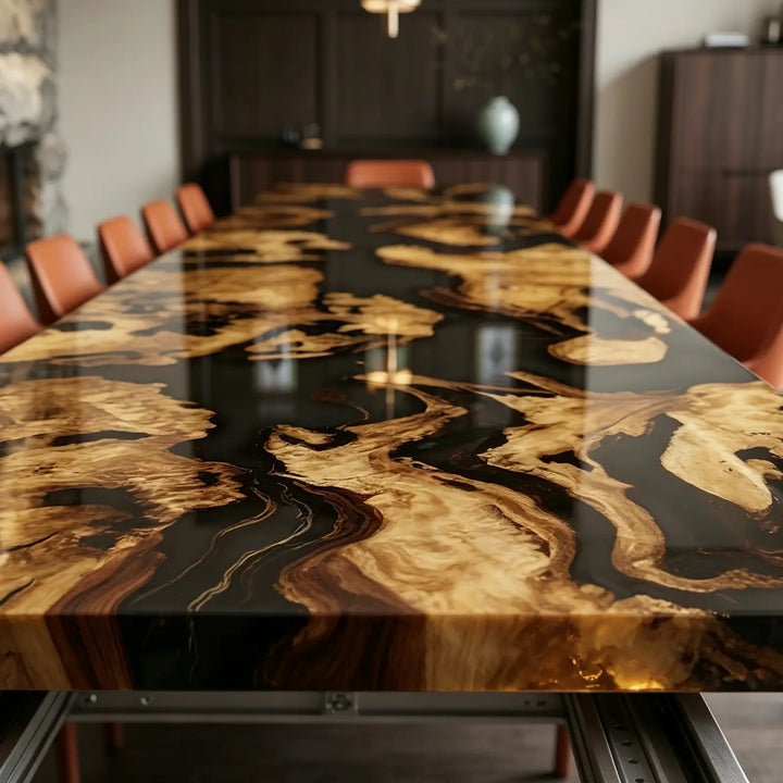 Seawavetable-Large olive wood extendable epoxy dining table seamless blue wave resin across extension leaves