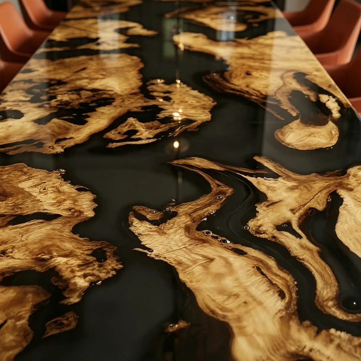 Seawavetable-Heavy duty fold out olive wood extendable epoxy table blue wave resin family dining table