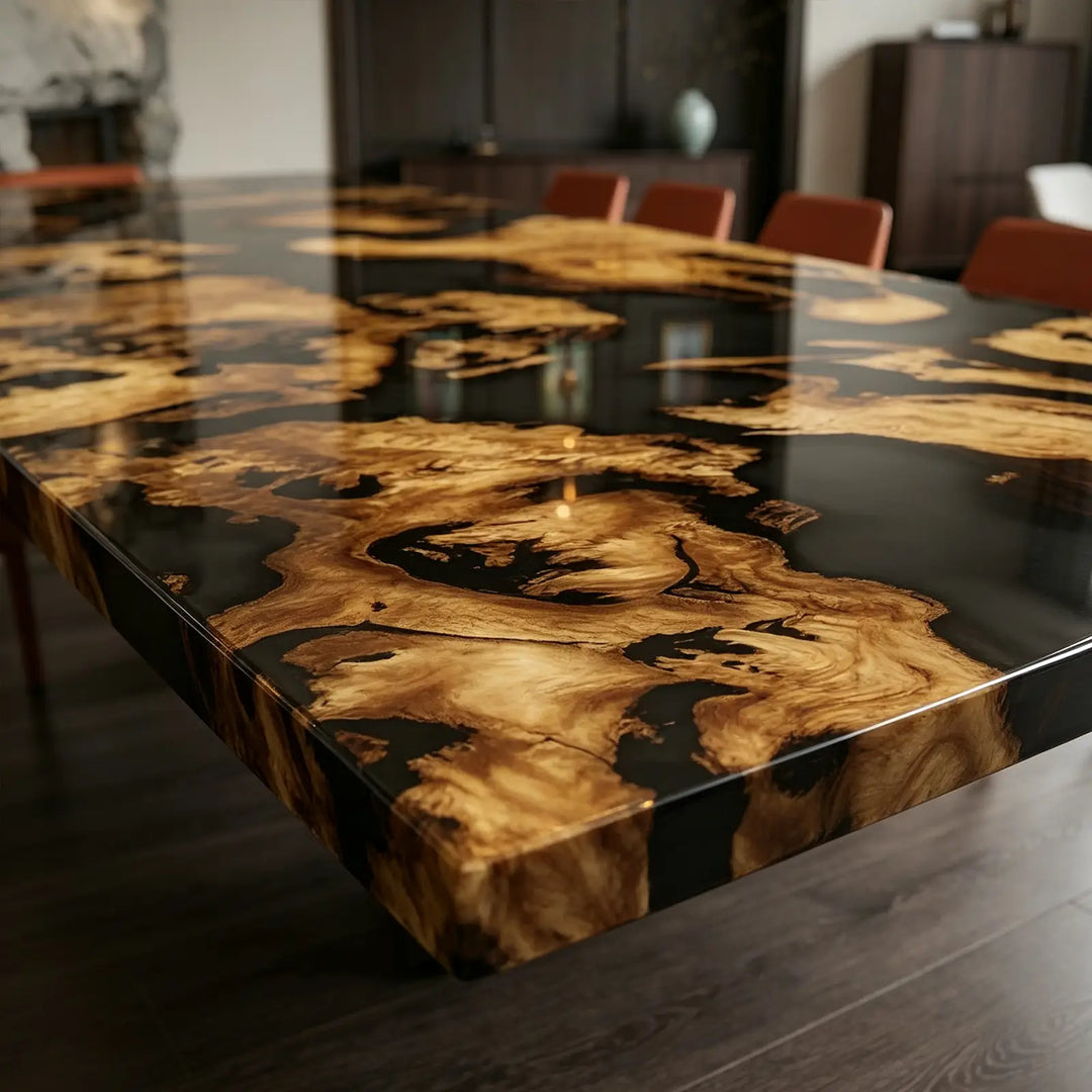 Seawavetable-Statement solid olive wood extendable epoxy dining table mirror high gloss blue ocean wave resin