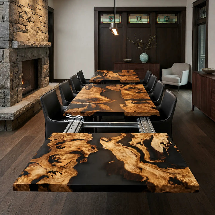 Seawavetable-Custom olive wood epoxy extendable dining table blue wave resin mirror finish for family gatherings