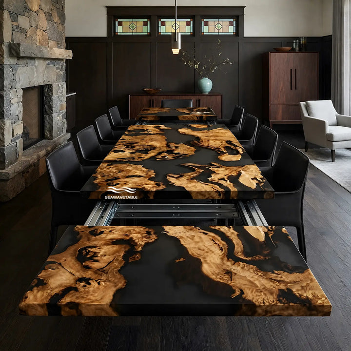 Seawavetable-Modern straight edge olive wood extendable epoxy dining table blue ocean wave resin art