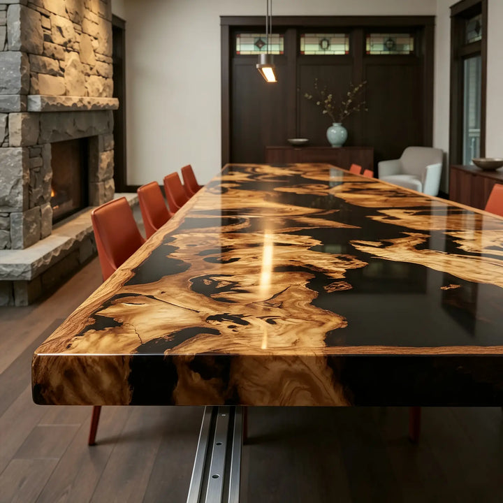 Seawavetable-Bespoke solid olive wood fold-out extendable dining table high gloss ocean wave epoxy tabletop