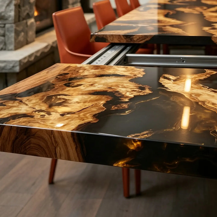 Seawavetable-Olive wood extendable epoxy dining table dual side fold out extension leaves blue wave resin