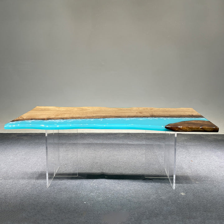 Seawavetable-Modern Golden Camphor live edge table with stunning blue resin 