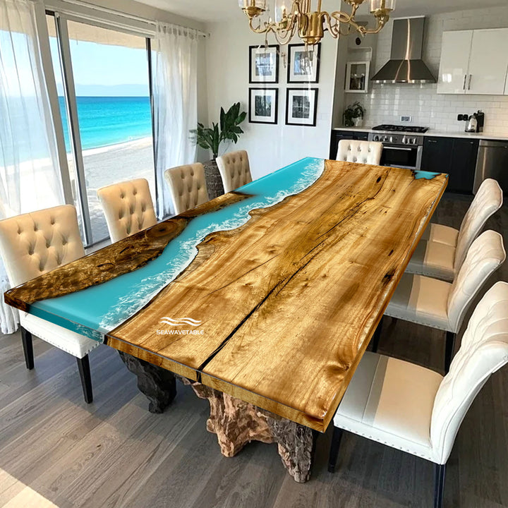 Seawavetable-Handcrafted river table made of exotic wood and modern blue epoxy