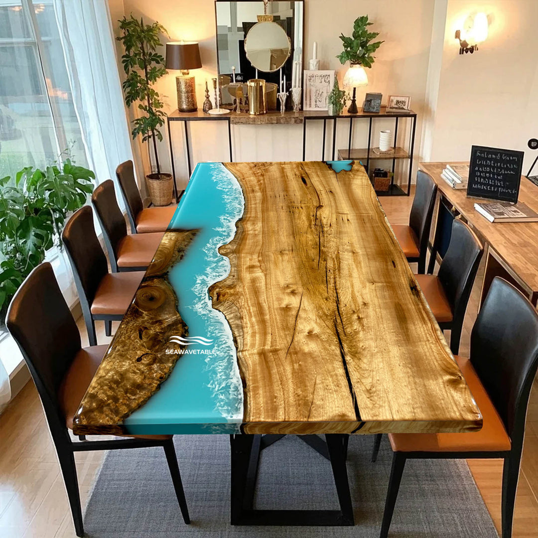 Seawavetable-Golden Camphor wood epoxy river dining table with ocean blue resin