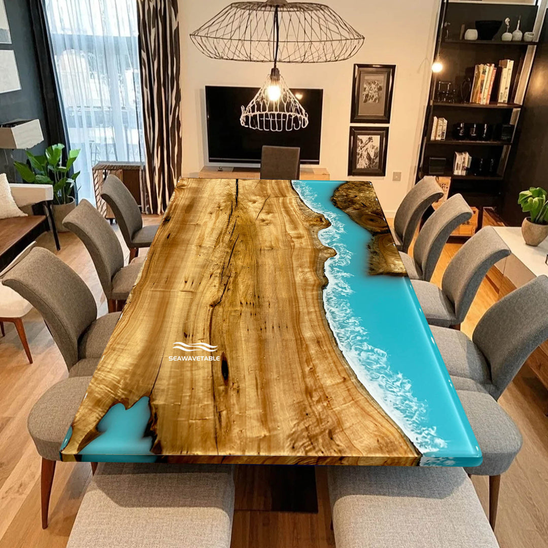 Seawavetable-Modern custom epoxy river table with blue waves and rich wood grain