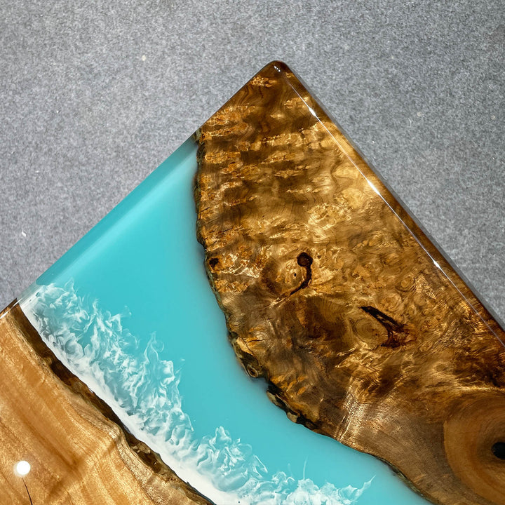 Seawavetable-Artistic epoxy river table with Golden Camphor slabs and water-like resin