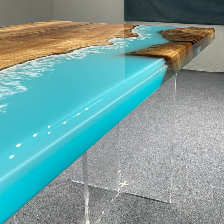 Seawavetable-Blue resin wood dining table with custom straight edge design
