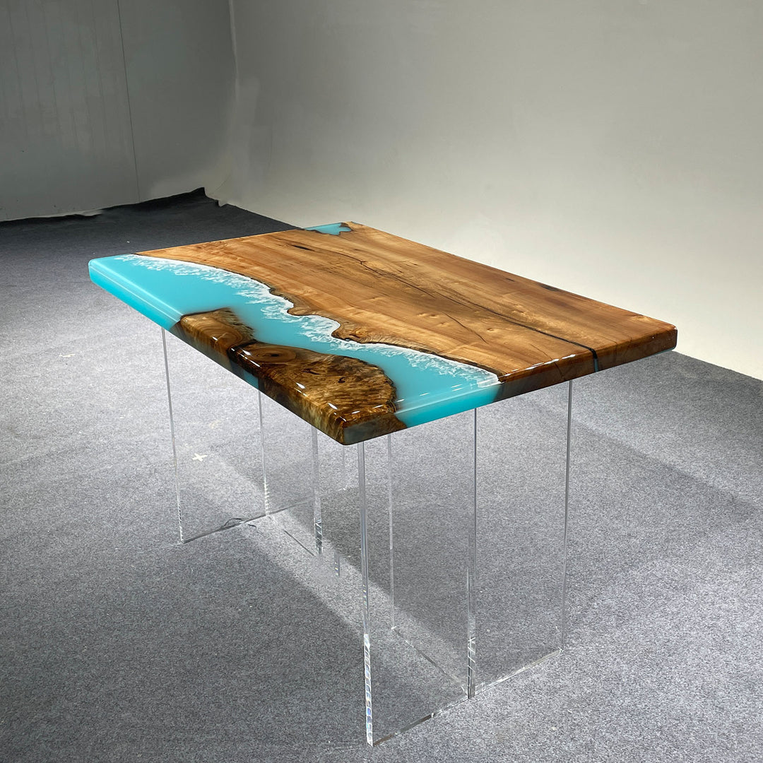 Seawavetable-Epoxy resin kitchen table with Golden Camphor and vibrant blue design