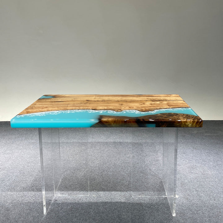 Seawavetable-Elegant wood table with handcrafted river pattern in blue epoxy