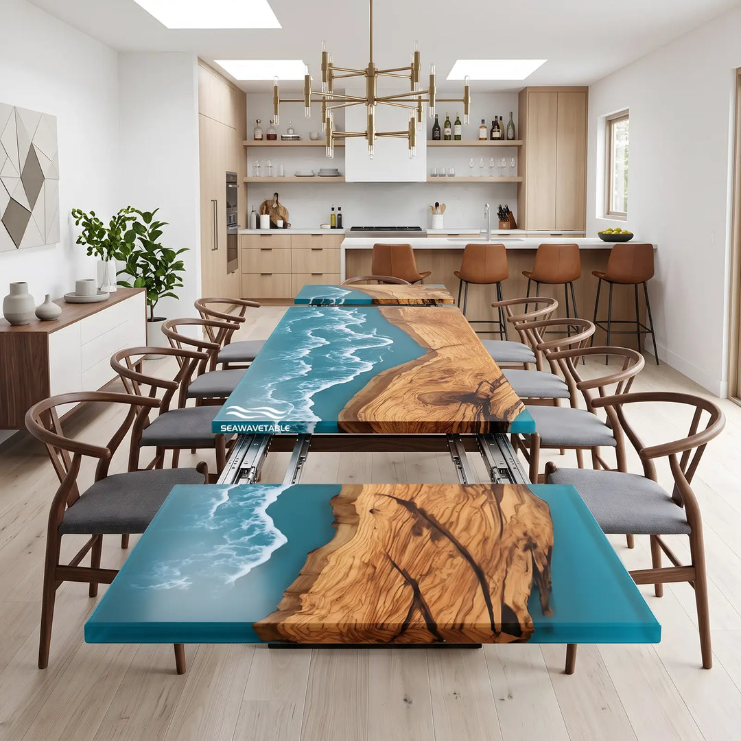 Seawavetable-custom high gloss blue ocean wave olive wood extendable dining table straight edge